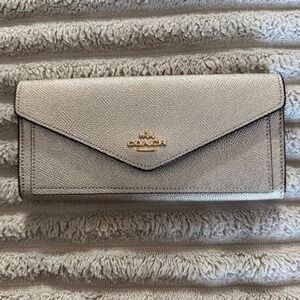 Coach Metallic Champagne Crossgrain Leather Envelope Slim Wallet Gold Logo